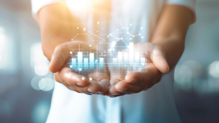 Poster - Close-up of hands presenting a glowing digital economic graph symbolizing inflation dynamics