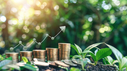 Poster - Illustration of growth graph overlaid on coin stacks and plants, representing inflationary trends