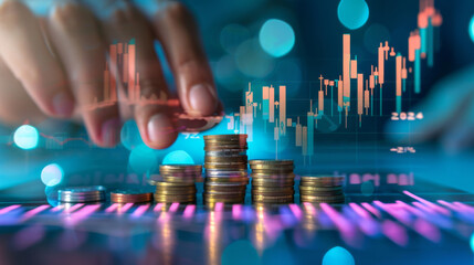 Poster - Depiction of inflation through growing stacks of coins against a background of financial growth charts