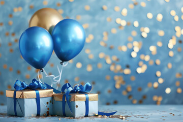 celebration theme with blue birthday gifts and balloons surrounded by gold confetti