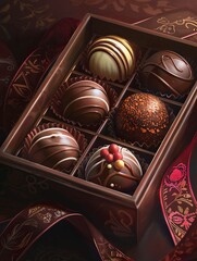 Aufkleber - A luxurious box of chocolate truffles, embellished with ribbons, placed on a table. Generative AI