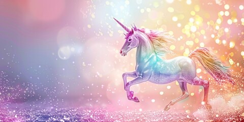 Silhouette of fantasy rainbow background with unicorn,  stars and sparkling particles, concept of dream, magic, miracle, princess, childhood, fairy tale creature illustration. 