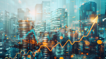 Poster - Urban skyline with coins and upward trend graph creatively representing inflation