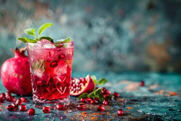 Wall Mural - A table with pomegranate juice, ice, and mint leaves