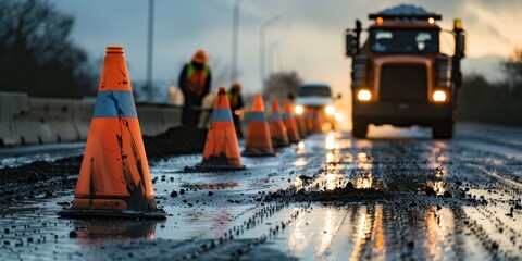 Road construction and asphalt paving with a large machine and crew working on the highway at night