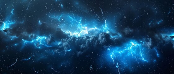 Wall Mural - lightning bolt, close up, night sky, sharp detail, dramatic lighting. vivid blue electrical storm in