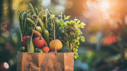 Wall Mural - Shopping bag of fresh produce demonstrates the benefits of buying local to cut down on carbon emissions Carbon footprint reduction