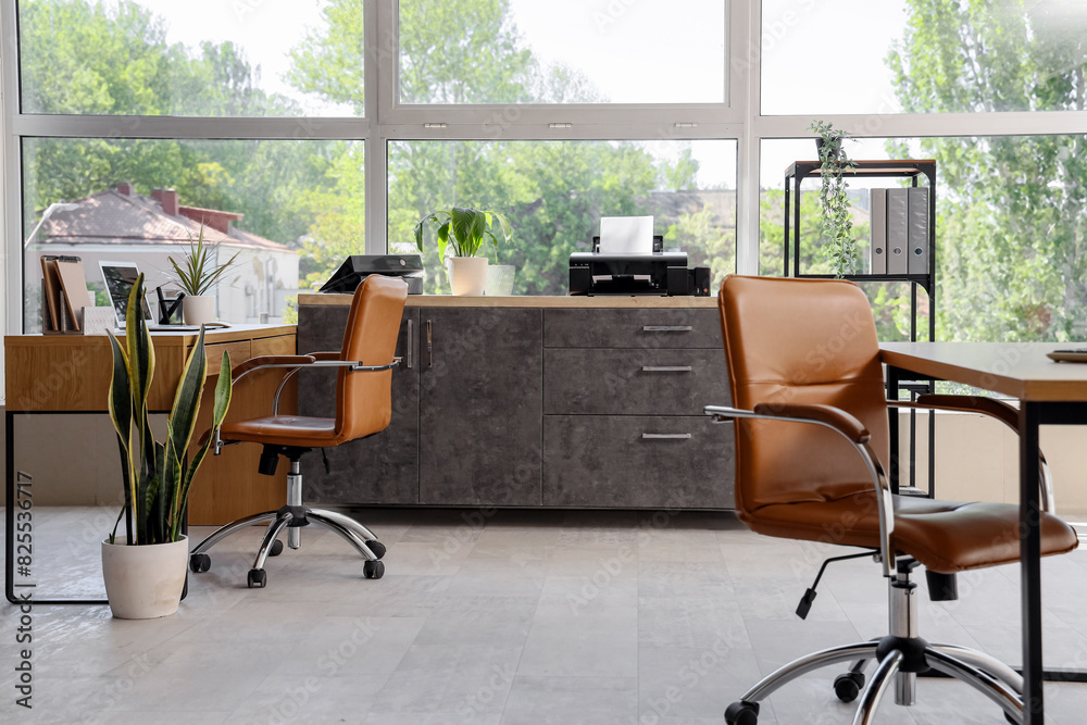 Interior of modern office with workplace and printer on table