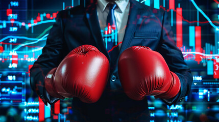 Poster - Businessman with boxing gloves ready to combat inflation in front of stock market graphs