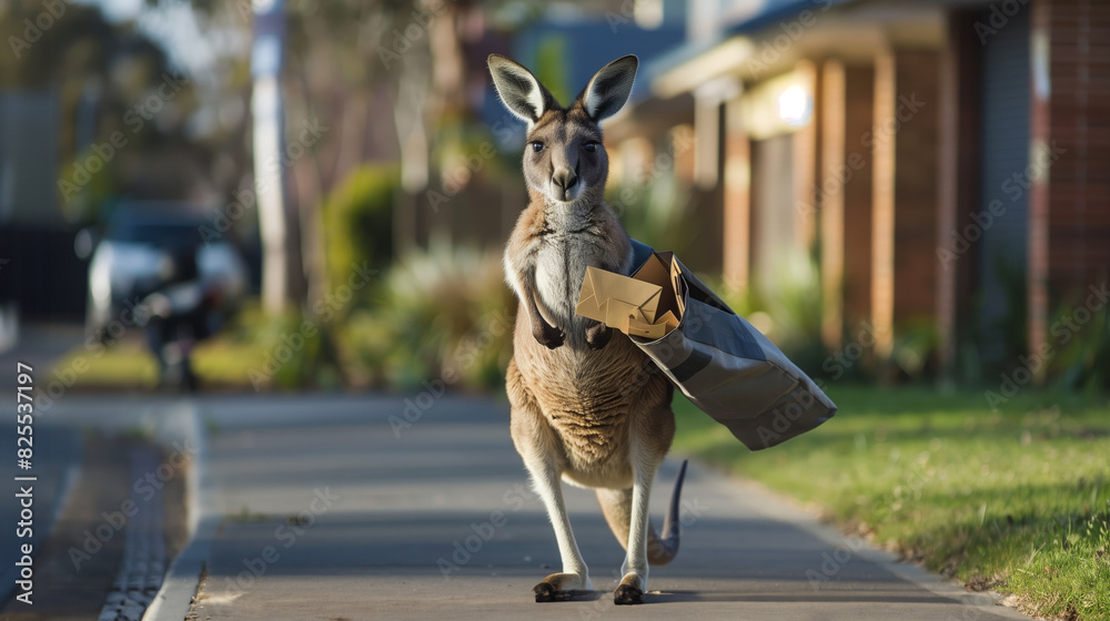 A kangaroo casually carrying a shopping bag, humorously displaying human shopping behavior