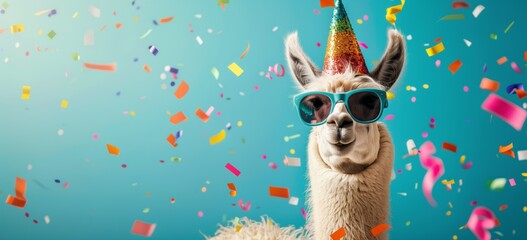 A digitally altered image features a llama in a party hat and cool sunglasses amidst a shower of colorful confetti against a teal background