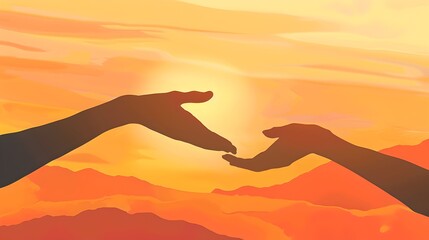 Touching hands in a sunset sky. Symbolizing connection and warmth. Artistic and vibrant. Perfect for themes of love, support, and friendship. AI