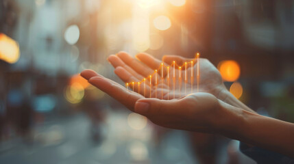 Poster - Open hands present a glowing upward financial graph symbolizing inflation in an urban setting
