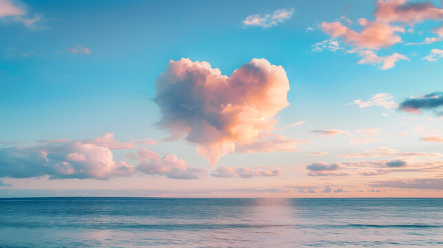 Heart-Shaped Cloud Over Tranquil Ocean at Sunset with Colorful Sky as Symbol of Hope and Love, Copy Space