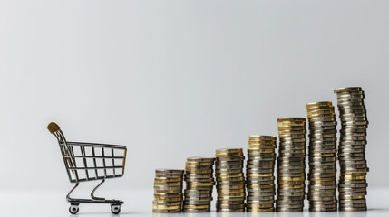 Poster - Visual metaphor for inflation featuring coin stacks and a miniature shopping cart