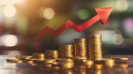Poster - Image depicting ascending coin stacks with a red upward arrow, symbolizing increasing inflation rates