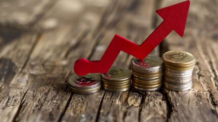 Poster - Illustration of rising inflation using piles of coins and a red upward arrow