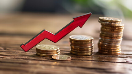 Poster - 3d illustration of a rising red arrow representing inflation above growing piles of coins
