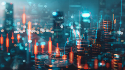 Poster - Abstract financial backdrop showing coin stacks against a blur of rising and falling graph lines symbolizing inflation
