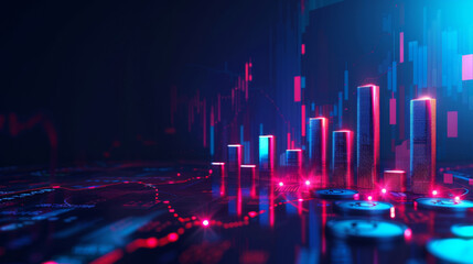 Poster - Abstract image of coins stacked like a graph against a backdrop of digital financial data, symbolizing inflation