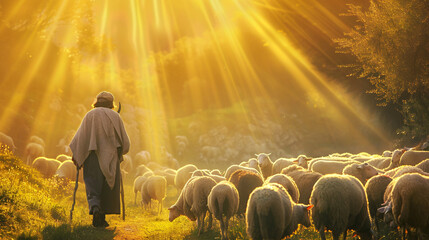 Wall Mural - Shepherd with flock at sunrise