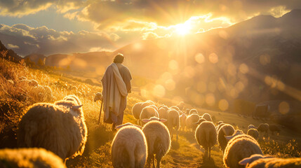 Wall Mural - Shepherd leading flock at sunset in mountains