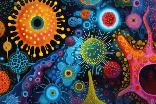 A colorful, abstract representation of different types of viruses