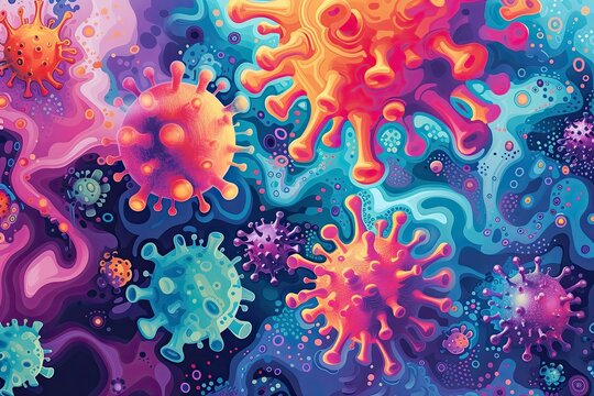 A colorful, abstract representation of different types of viruses