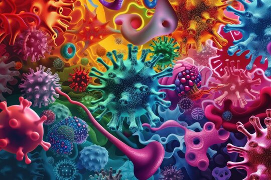 A colorful, abstract representation of different types of viruses