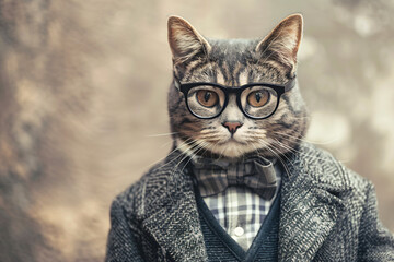 Wall Mural - A cat wearing glasses and a suit is standing
