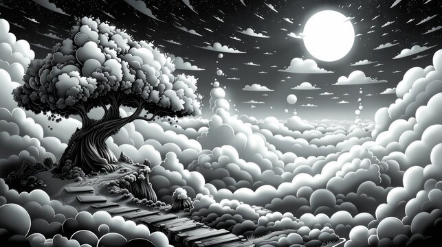 A black and white painting of a tree in the clouds, AI