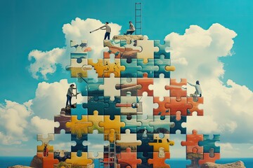 Fototapete - A piece showing a team coming together to complete a complex puzzle
