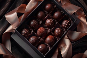 Aufkleber - High detail image of a luxurious box of chocolate truffles adorned with ribbons in rich dark colors. Generative AI