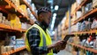 © Summit Art Creations - Smart warehouse worker hands looking tablet and scanning product while checking product at warehouse. Man with safety vest working on tablet while walking at storage with blurring background. AIG42.