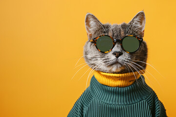 Wall Mural - A cat wearing sunglasses and a green sweater