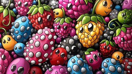 Wall Mural - A large group of colorful fruit with eyes and mouths, AI