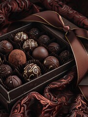 Aufkleber - A stylish box of chocolate truffles adorned with ribbons, showcasing high detail and rich dark colors. Generative AI