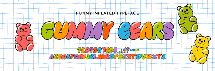 Bubble Balloon Alphabet Font. Retro Inflated Funny Typeset in Y2k Graffiti Style. Vector Playful Bubble Gum Alphabet. Cute Letters Kids Book Cartoon Aesthetic. Gummy Bears Jelly Candy Style Font.