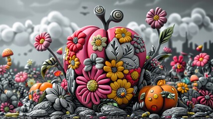 Poster - A large apple with flowers and pumpkins on top of it, AI