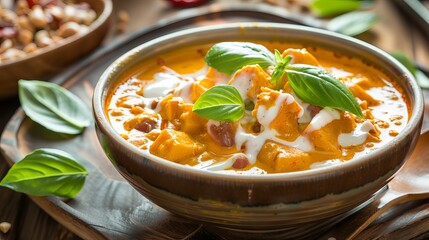 Thai curry served in a bowl, featuring chicken, basil leaves, sliced chili peppers. Traditional Thai meal. Concept of authentic Asian cuisine, national dish, healthy eating, spicy food