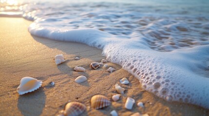 Poster - Soothing waves washing over a sandy beach with cute seashells scattered