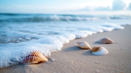 Poster - Soothing waves washing over a sandy beach with cute seashells scattered