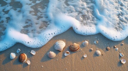 Poster - Soothing waves washing over a sandy beach with cute seashells scattered