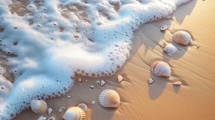 Poster - Soothing waves washing over a sandy beach with cute seashells scattered