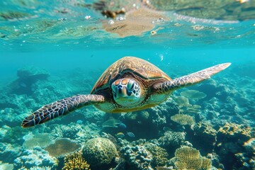 Wall Mural - Swimming with turtles in the crystal-clear waters of the Great Barrier Reef