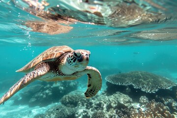 Wall Mural - Swimming with turtles in the crystal-clear waters of the Great Barrier Reef