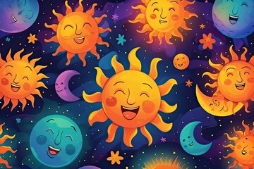 Poster - Cute background illustration with smiling faces, sun, moon, stars and delightful motifs