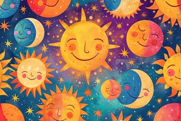Poster - Cute background illustration with smiling faces, sun, moon, stars and delightful motifs