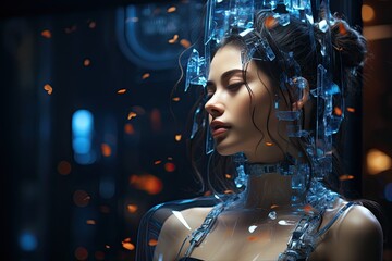 Fototapete - Holographic avatars interacting in a virtual space, Humanoid with hologram background
