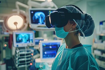 Poster - A doctor using VR virtual reality glass technology while operation theatre